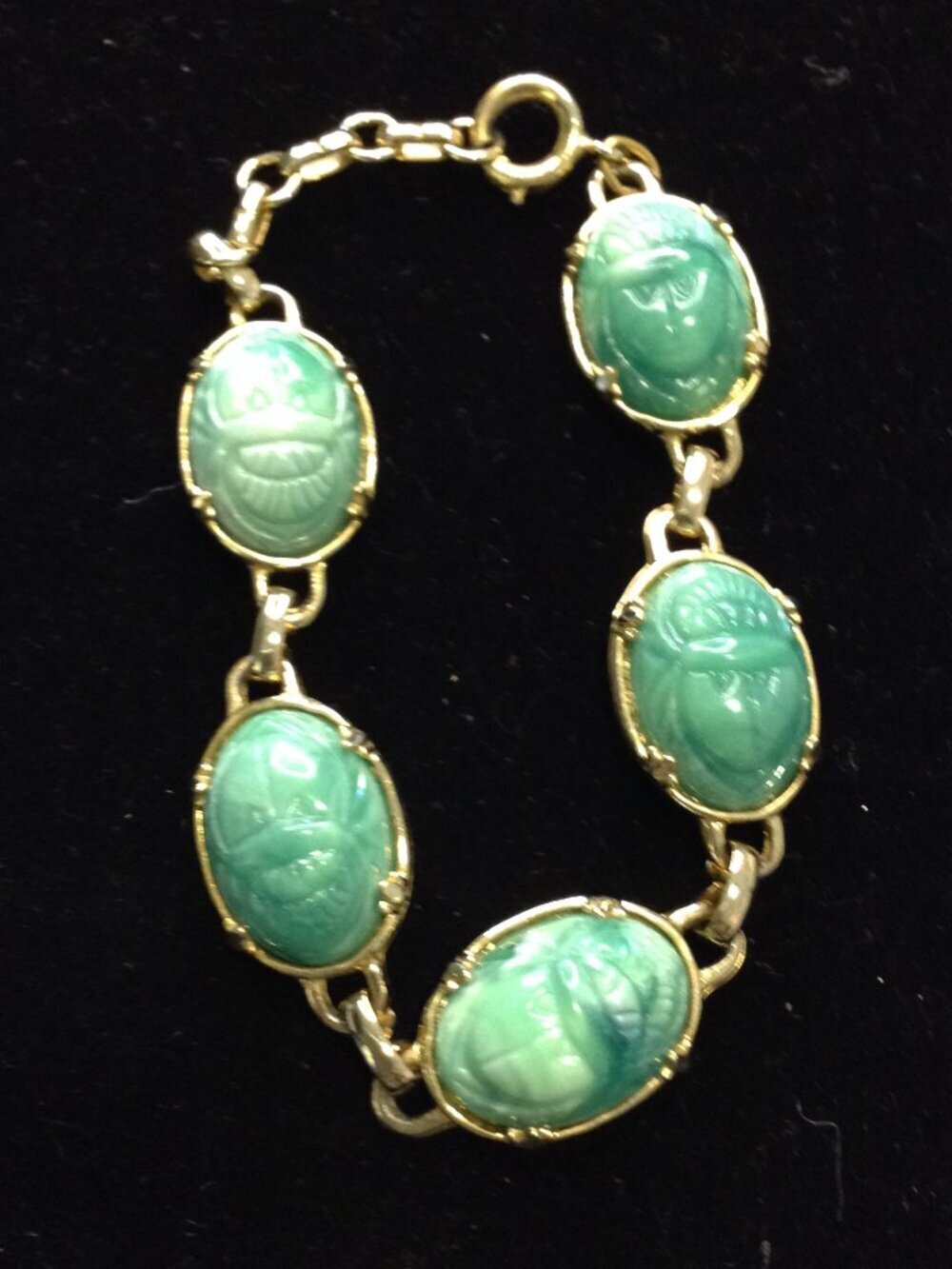 VTG Gold tone Faux Jade Egyptian Revival Bracelet Unusual Chic Old Money Class
